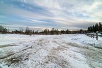 a rural road is covered in snow and drifts off the ground, with lots of trees, and other wintering