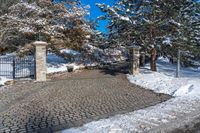 there is a small driveway covered in snow near a tree lined driveway with two gates