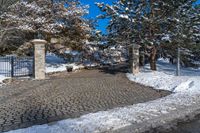 there is a small driveway covered in snow near a tree lined driveway with two gates