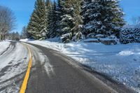 a road near the side of a hill covered with snow and evergreen trees next to the road