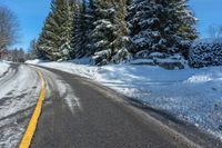 a road near the side of a hill covered with snow and evergreen trees next to the road