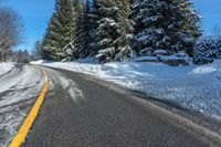 a road near the side of a hill covered with snow and evergreen trees next to the road