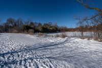 a snow covered field in the winter with shadows of a tree and a few snow on the ground