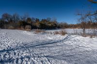 a snow covered field in the winter with shadows of a tree and a few snow on the ground