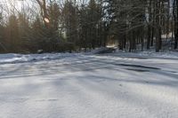 a snow covered ground with some cars in the background and some trees on the other side