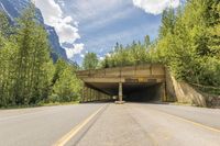 a highway under a bridge that is wide enough for a car to pass by in the mountains