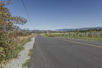 an empty road with fences and bushes in the foreground and mountains in the distance