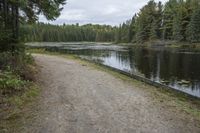 there are some trees on the side of the lake that surround this road and a wooden bench