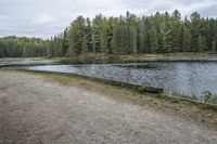 there are some trees on the side of the lake that surround this road and a wooden bench