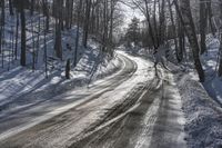 the road is covered with fresh snow as it's about to pass through the woods