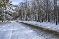 an icy country road with trees in the background and yellow signs posted to indicate where traffic is going