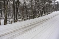 a snowy road is lined with snow and some trees in the background are without leaves