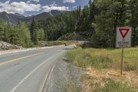 a red triangle is in the middle of the road near the tree line and mountains