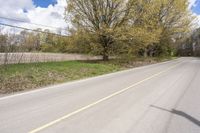 a rural road is lined with trees and bushes, and the roadway ends in empty