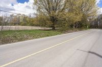 a rural road is lined with trees and bushes, and the roadway ends in empty