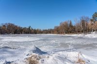 a body of water with trees in the background and snow on the ground and frozen water