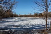 a small snowy lake surrounded by trees with lots of snow on it, and no one is standing