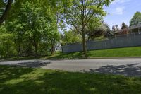 a sidewalk with green grass and a fence in front of a house with a large tree