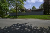 a sidewalk with green grass and a fence in front of a house with a large tree