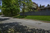 a sidewalk with green grass and a fence in front of a house with a large tree