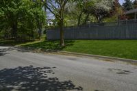 a sidewalk with green grass and a fence in front of a house with a large tree