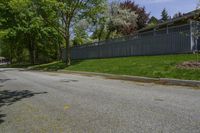 a sidewalk with green grass and a fence in front of a house with a large tree