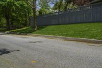 a sidewalk with green grass and a fence in front of a house with a large tree