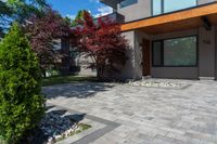 a modern home with landscaping in front of it and a red tree in the yard