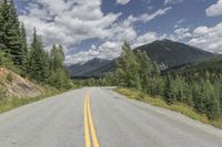 an empty mountain road and some trees and clouds in the sky and mountains and green grass