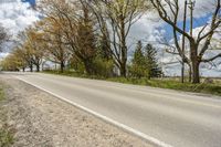 an empty country road near a grove of trees and grass against a blue sky with white clouds