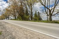 an empty country road near a grove of trees and grass against a blue sky with white clouds