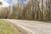 a roadway is empty of traffic near the trees of a lot of woods of bare grass