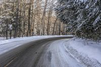 Canadian Road in Snowy Forest under Grey Sky