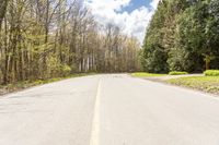 a tree lined empty country road next to wooded area with no leaves on the trees