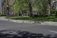 a row of houses line a city street and sidewalk with bricks placed in the middle of it