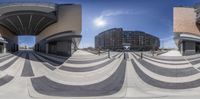 a photo of a group of circular photos on top of a street in the city