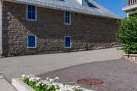 a potted planter filled with white flowers next to a stone building with blue shutters