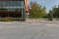 the entrance to a tall office building is shown with trees and shrubs lining the path