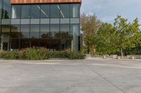 the entrance to a tall office building is shown with trees and shrubs lining the path