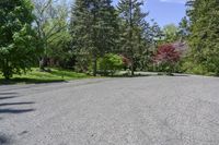 an empty parking lot with trees on both sides and a bench in the middle with a view of the woods behind