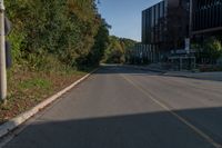 an empty street with bushes and trees along the road in front of it has a green median next to a yellow line