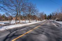 a tree filled road with snow on it's sides and several trees near by