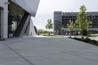 two skateboards that are on the concrete ground near buildings in front of some trees