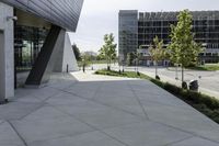 two skateboards that are on the concrete ground near buildings in front of some trees