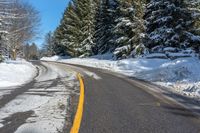 a snowy road with an orange line on it surrounded by trees in winter time with snow