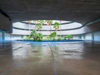 a large courtyard has concrete floors with trees and palm trees, a circular water feature and a low circular dome