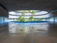 a large courtyard has concrete floors with trees and palm trees, a circular water feature and a low circular dome