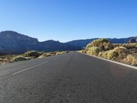 an empty road lined with vegetation and mountains in the distance on a sunny day with blue sky