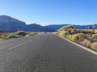 an empty road lined with vegetation and mountains in the distance on a sunny day with blue sky