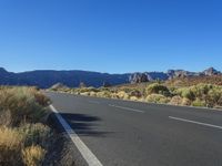 a bike lane in between two mountains and brush in the background, with a clear blue sky